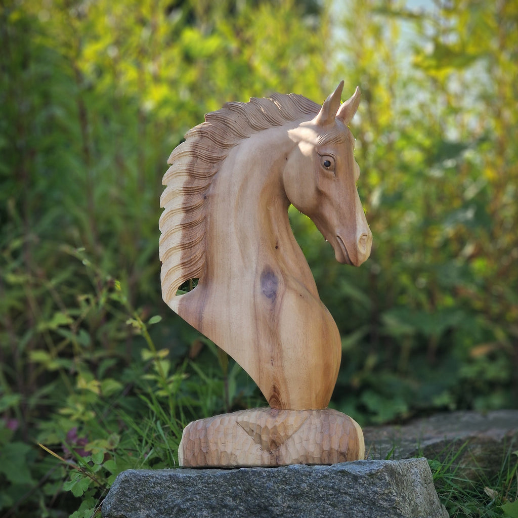 XL Holzskulptur Pferd Pferdebüste Pferdeskulptur Deko Figur Statue Pferdekopf aus Teakholz