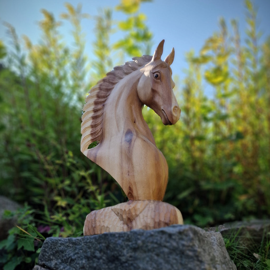 XL Holzskulptur Pferd Pferdebüste Pferdeskulptur Deko Figur Statue Pferdekopf aus Teakholz