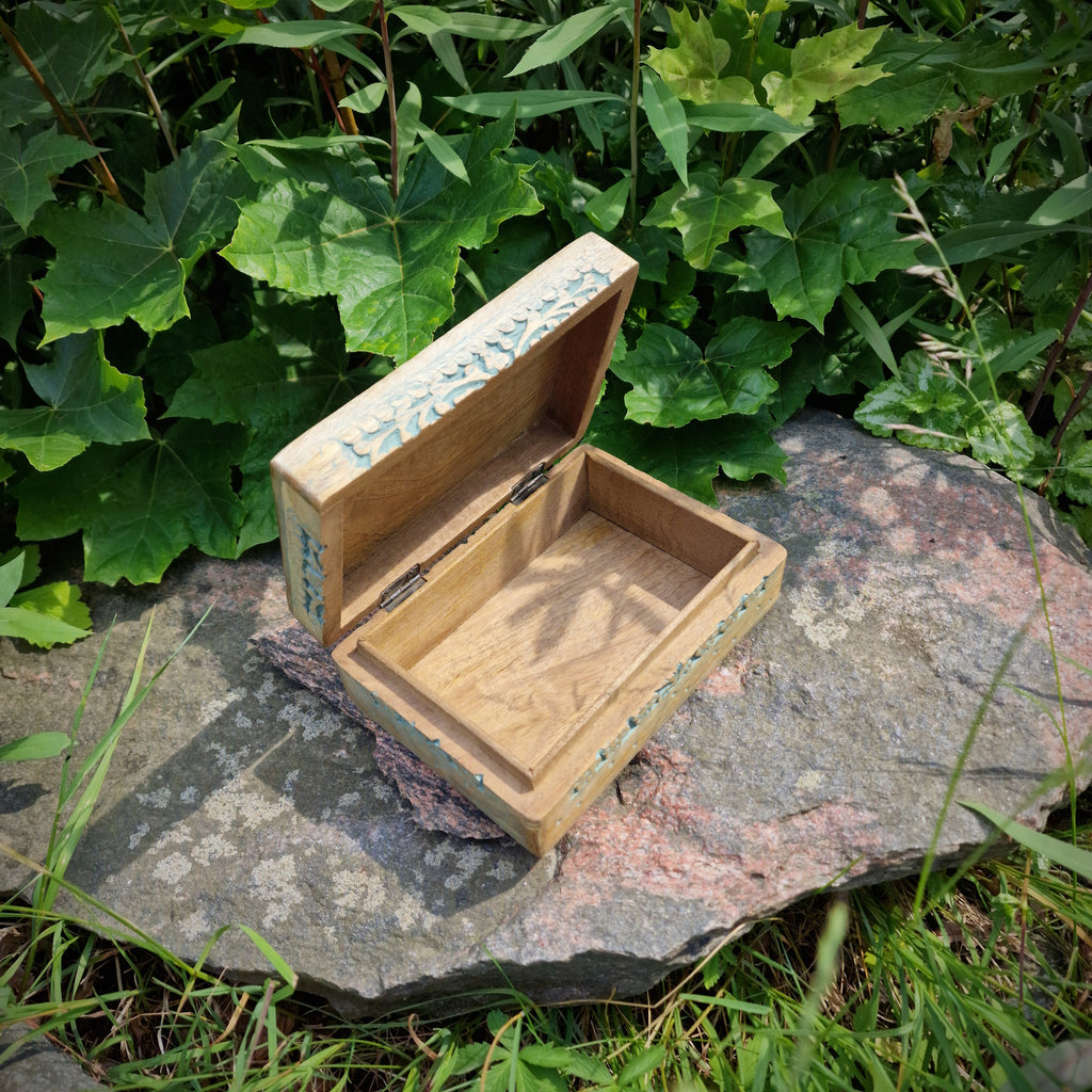 Holztruhe Holzkiste Schatulle Motiv Lebensbaum Holzbox Box Schmuckkästchen aus Mangoholz grün