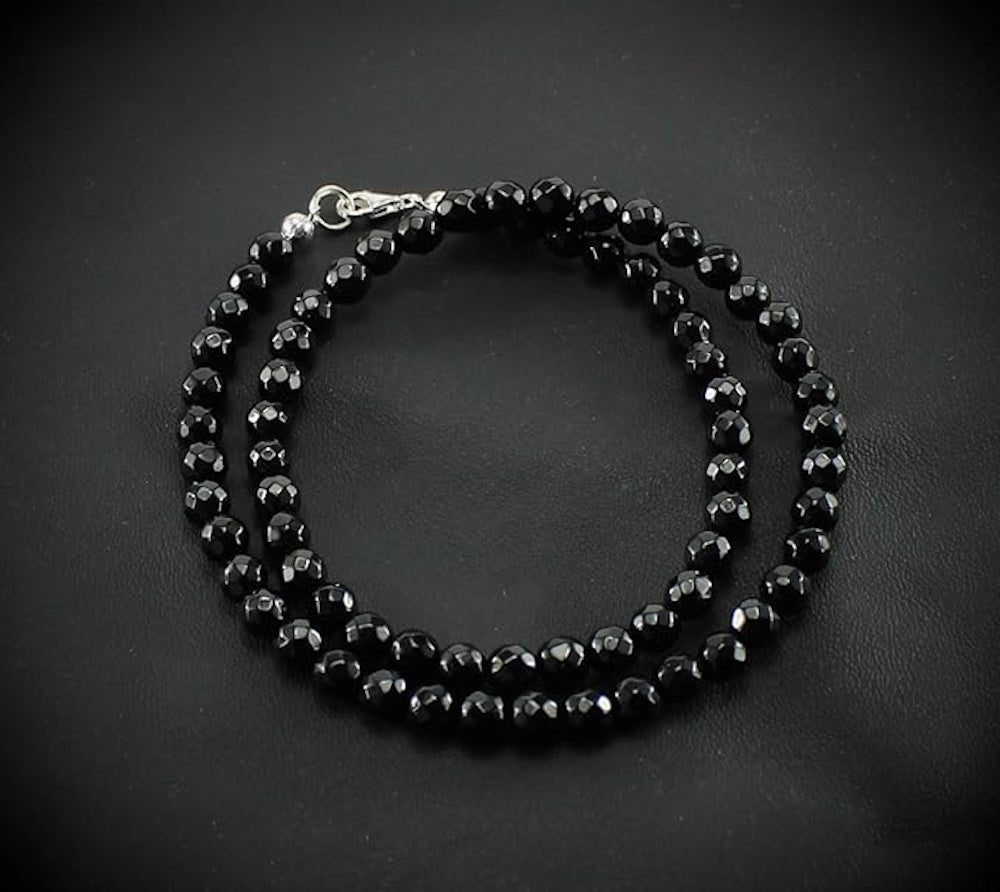 schwarze Onyx Kette Halskette Perlen facettiert 925 Silber